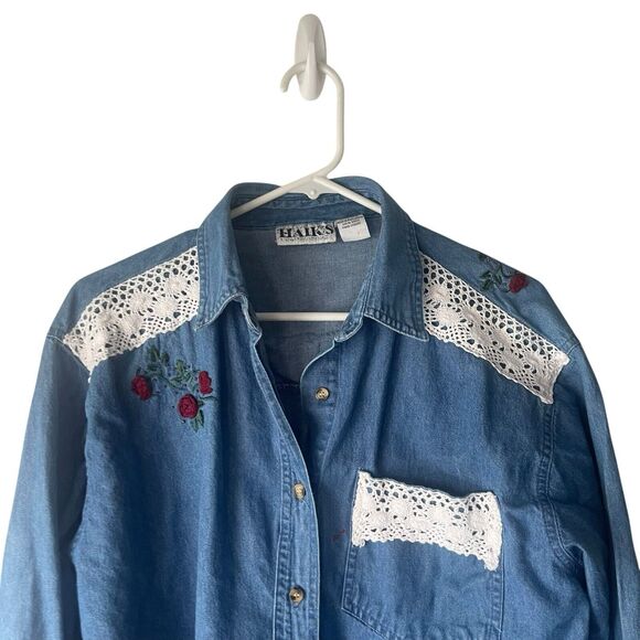 Haik's Vintage 90s Medium Denim Cottage Lace Rose Floral Embrodered Button Up - Picture 2 of 10